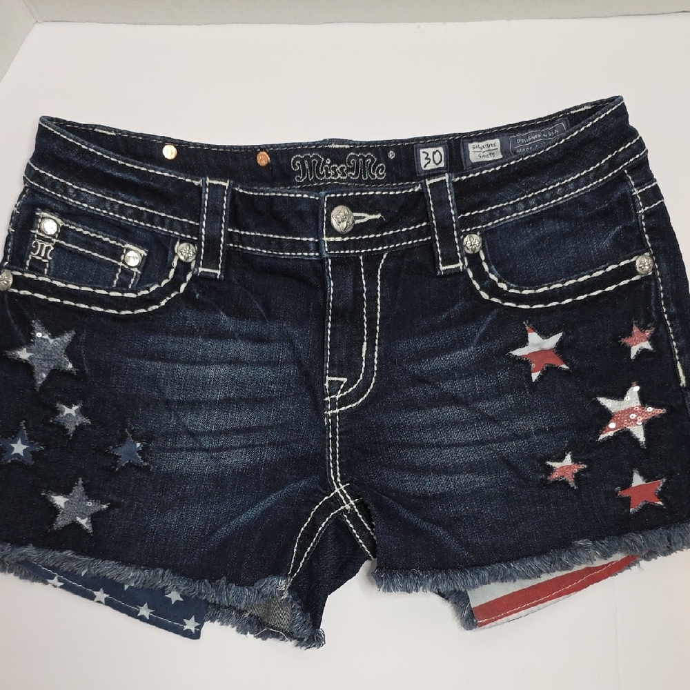 Miss Me Blue and Red Jean Shorts with Star Accents NWOT